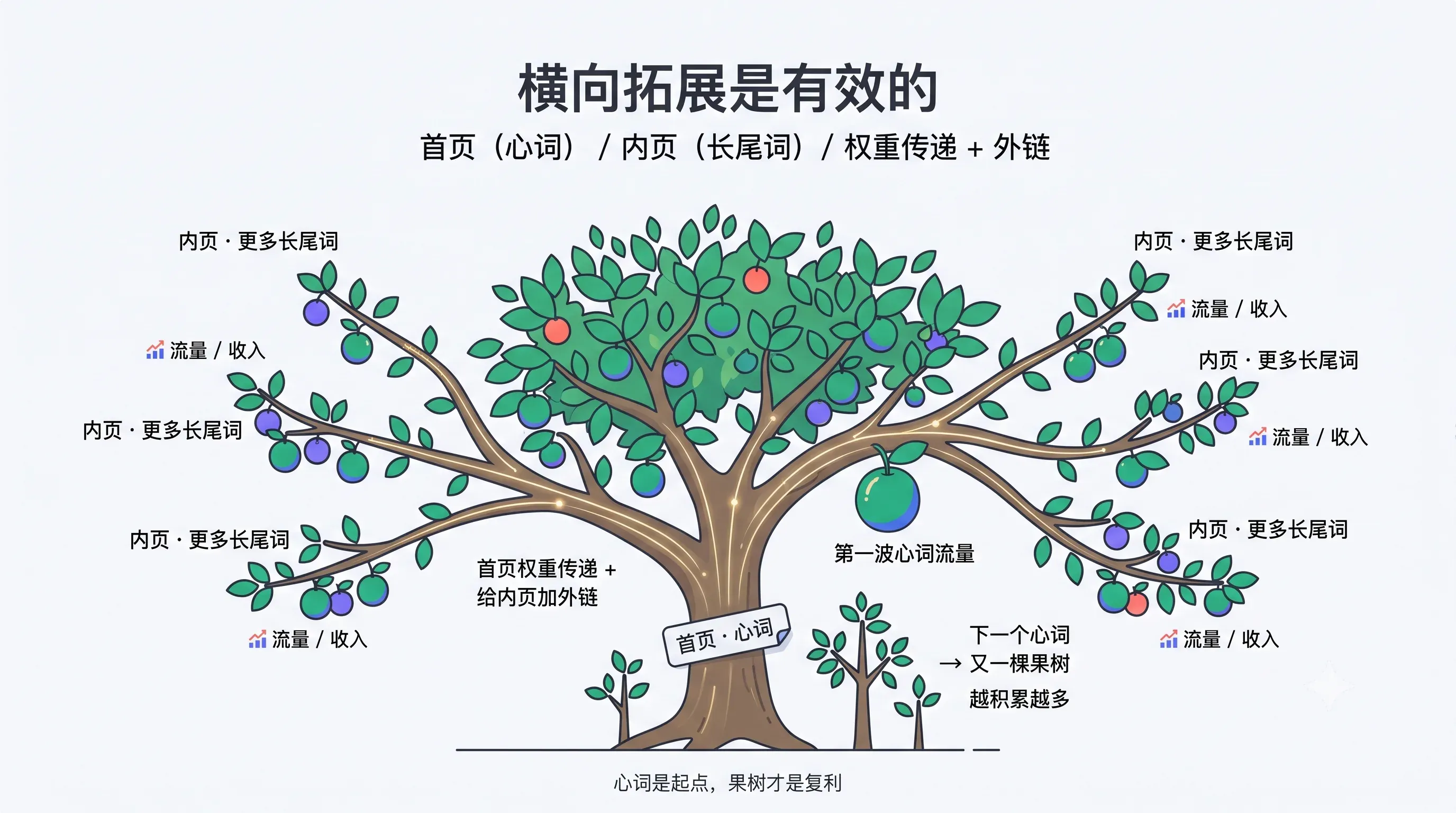 Horizontal expansion is effective: the heart is the starting point, and the fruit tree is the compound.