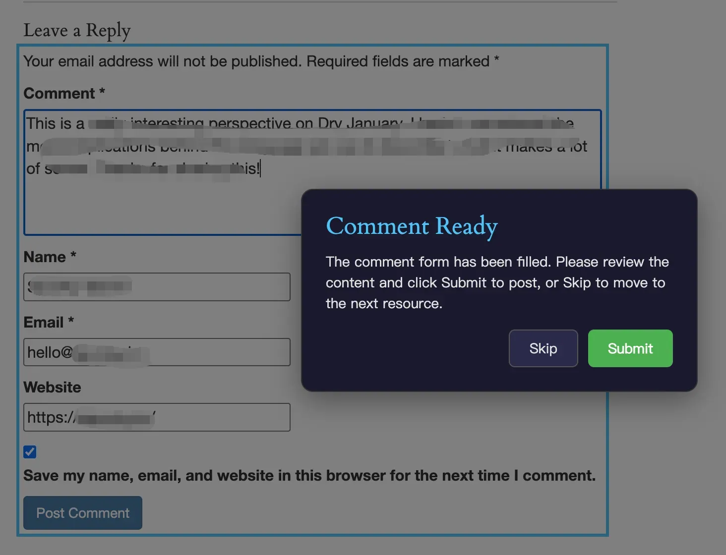 工具自动填充评论表单，弹出 Comment Ready 提示，点击 Submit 即可发布